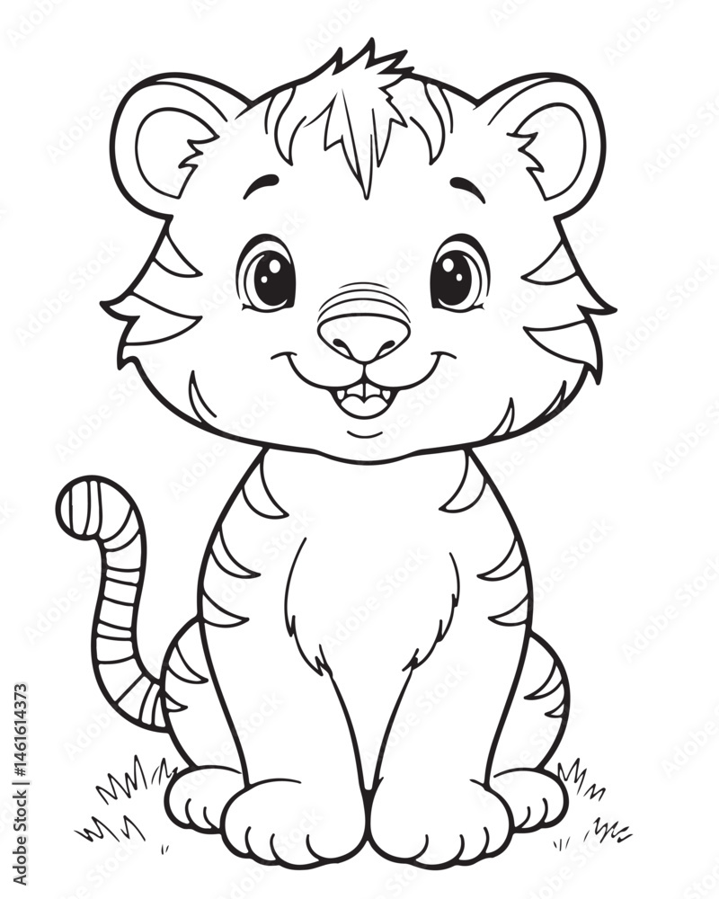 Obraz premium Cute cartoon baby tiger sitting with a sweet smile. Black and white line art illustration for children's coloring book. Happy tiger cub drawing.
