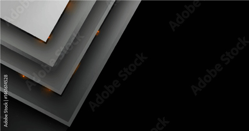 Abstract geometric background. In the bottom left corner, there are layered, nested chevron shapes pointing towards the upper right. These shapes are composed of dark grey and charcoal panels with 