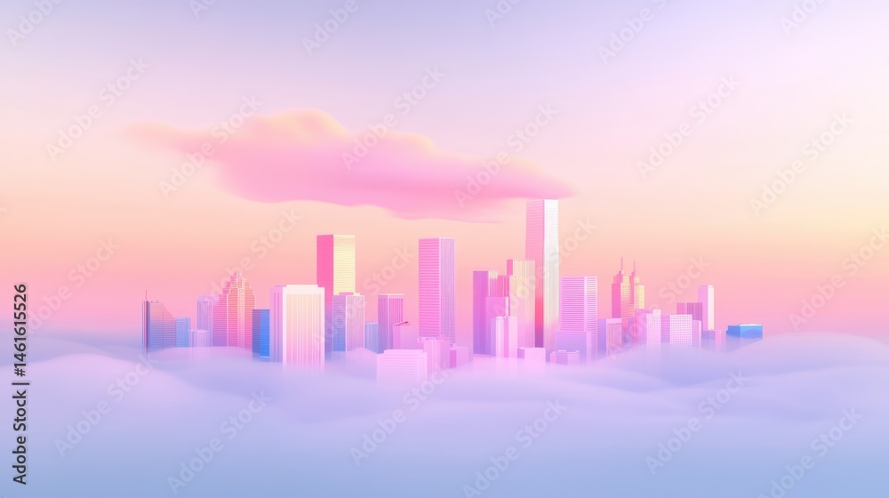Fototapeta premium Dreamy city skyline at sunset, pastel colors illuminating high-rise buildings, serene atmosphere, ideal for inspirational content.