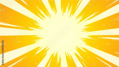 Vivid yellow and crisp white radial speed lines burst forth from the center, creating a dynamic and energetic background, reminiscent of a comic book illustration, with a prominent, empty circular 
