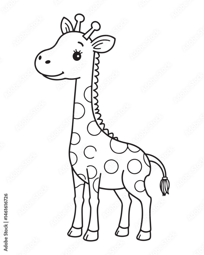 Obraz premium Cute cartoon giraffe with large eyes and spots, standing with a sweet smile. Black and white line art for children's coloring book. Gentle giraffe drawing.