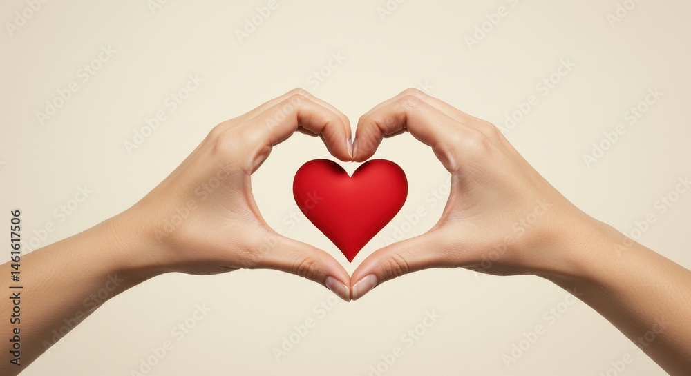 two hands forming heart shape, with bright red heart at center against soft, neutral background, gesture of love and connection. affection, love, happiness. romantic greeting card, st. valentine's day two hands forming heart shape, with bright red heart at center against soft, neutral background, gesture of love and connection. affection, love, happiness. romantic greeting card, st. valentine's day