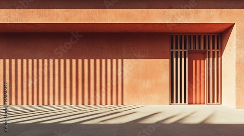 The minimalist building facade  with its rhythmic window pattern in warm terracotta and sand tones  is influenced by mid-century modern design and casts long  geometric shadows in the strong sunlight.