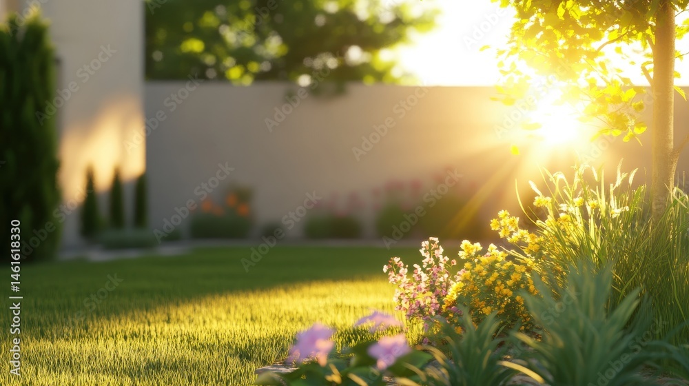 Obraz premium Sunlit garden scene, vibrant flowers and greenery basking in warm sunlight, tranquil outdoor space perfect for relaxation.