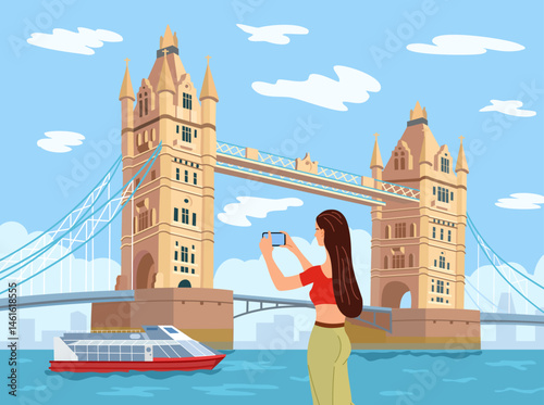 Girl looks and takes pictures of London landmark - Tower Bridge. Vector illustration