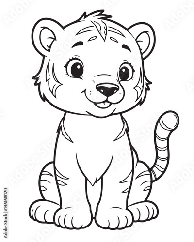 Cute cartoon tiger cub sitting with a friendly, happy expression. Black and white line art for children's coloring book. Sweet tiger drawing.