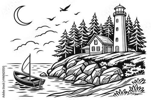 28 Detailed pencil sketch, coastal lighthouse scene, rocky shoreline, tall pine trees, small boat in water, crescent moon, flying birds, intricate textures, windswept tree, cliffside house, dense fore