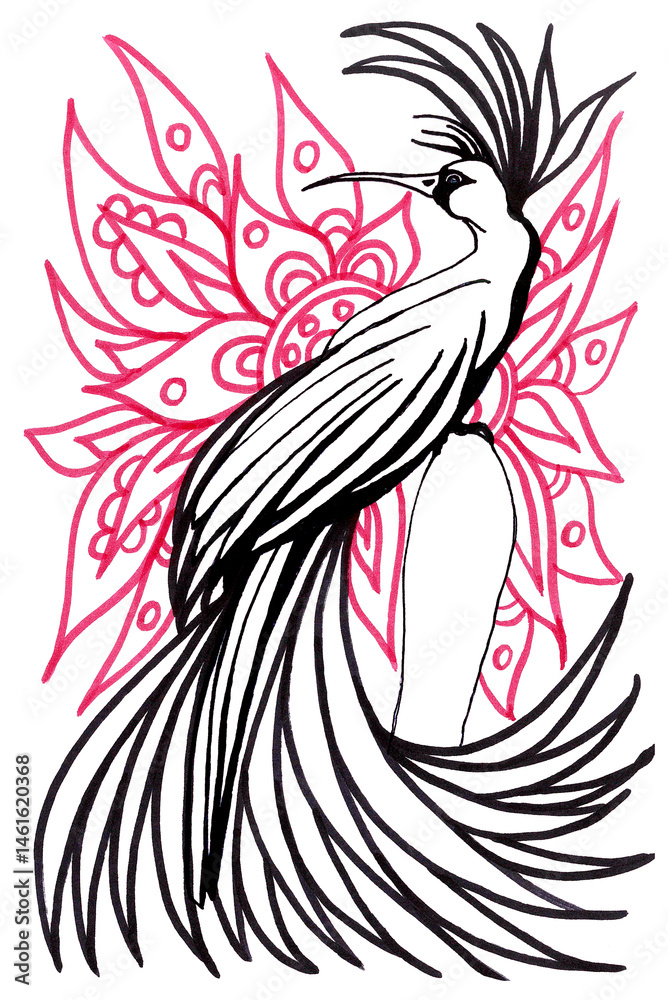 Bird of paradise. Red fractal pattern with sun and flowers. Crest with long curving feathers. Earth Day wallpaper. Cartoon image for World Migratory Bird Day. Zentangle ornament for coloring book. Bird of paradise. Red fractal pattern with sun and flowers. Crest with long curving feathers. Earth Day wallpaper. Cartoon image for World Migratory Bird Day. Zentangle ornament for coloring book.