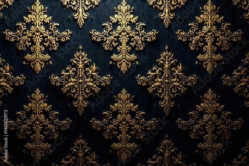 Intricate floral damask pattern in elegant gold on dark background, surface, damask
