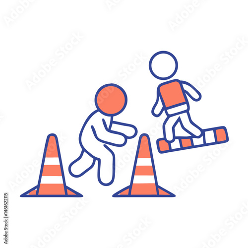 Child playing joyfully by jumping over traffic cones with adult supervision in a colorful setting
