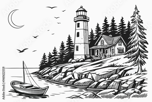 28 Detailed pencil sketch, coastal lighthouse scene, rocky shoreline, tall pine trees, small boat in water, crescent moon, flying birds, intricate textures, windswept tree, cliffside house, dense fore