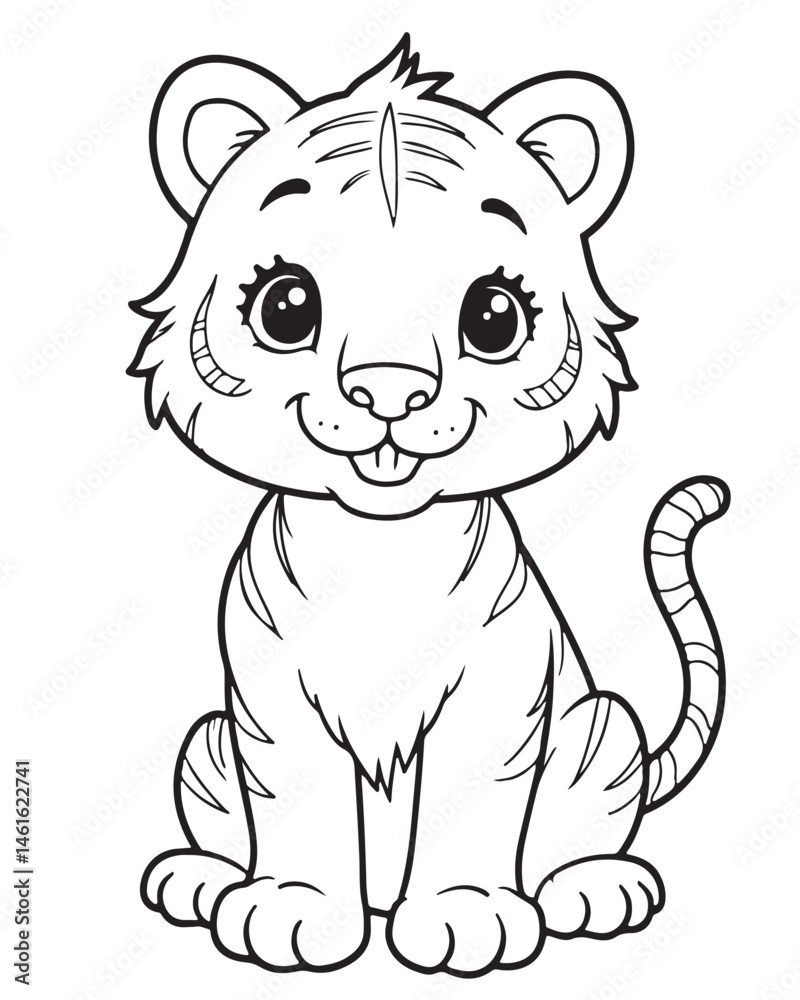 Fototapeta premium Cute cartoon baby tiger sitting with a happy expression and tongue slightly out. Black and white line art for children's coloring book. Playful tiger cub.