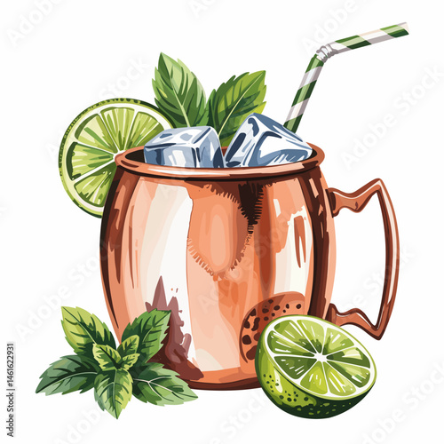 Moscow Mule Cocktail in Copper Mug with Lime and Mint