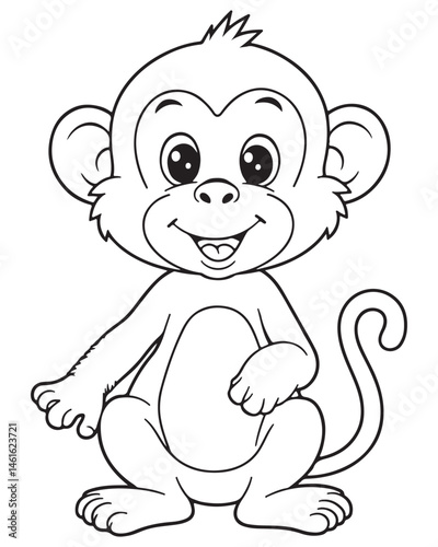 Cute cartoon baby monkey sitting. Black and white line art illustration for children's coloring book. Happy monkey drawing.