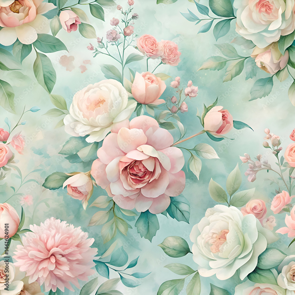 Fototapeta Beautiful Watercolor Floral Pattern with Pink and White Roses