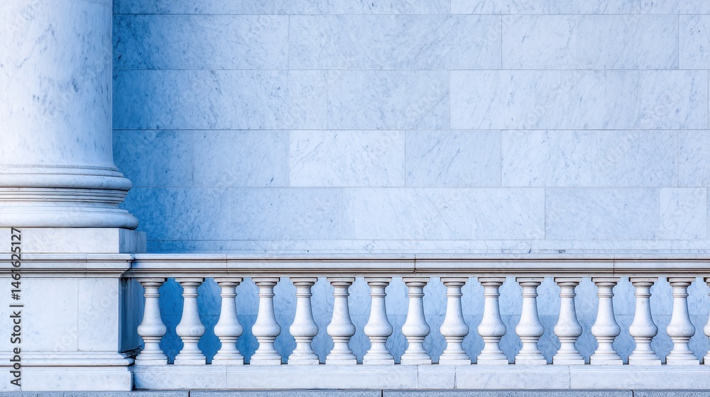 Fototapeta premium Elegant marble wall with decorative balustrade, showcasing architectural beauty in soft light