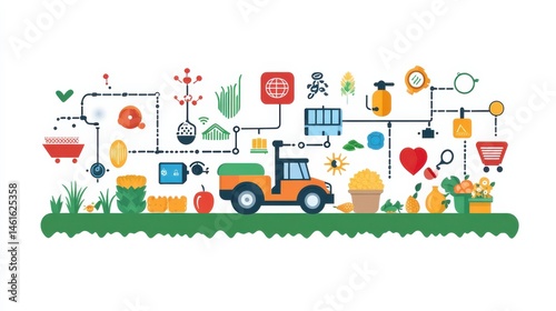 Colorful agricultural landscape with tractor graphics and various farming icons for agriculture concepts