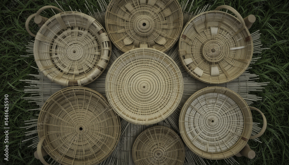 Fototapeta premium Seven intricately woven baskets are arranged mat, showcasing traditional craftsmanship. baskets, made from natural materials, rest lush green grass background, creating harmonious and earthy