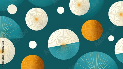 Abstract design with circular and fan shapes in teal, white, and orange.