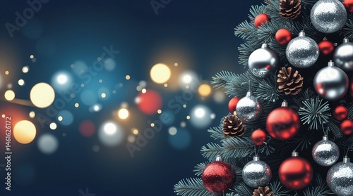 Christmas themed background, Christmas themed template, Christmas tree with typical Christmas decorations and ornaments