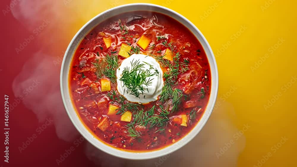 Top view of rotating borscht soup bowl with dill and sour cream on yellow-red gradient background. 