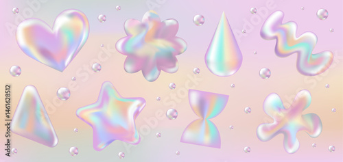 3d holographic retro 90 stickers set. Pink Chrome abstract Shapes in Y2K style on Gradient background. Future galaxy aesthetic, 3D chrome bubble art. Metal glossy sticker set.