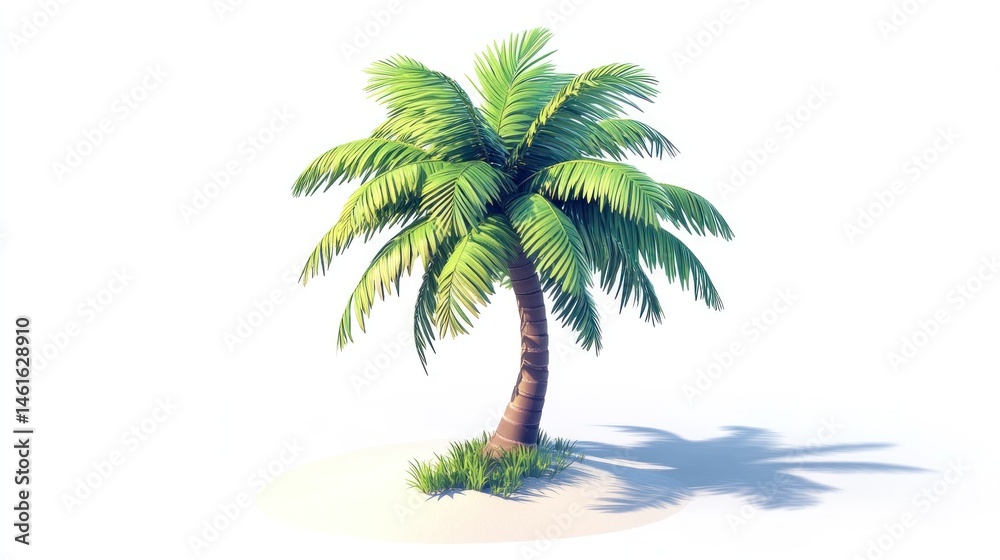 Obraz premium Single palm tree on sandy beach, sunny day, travel poster