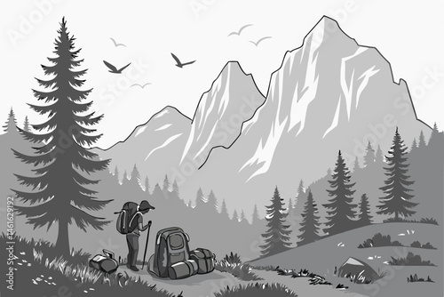 31 Black and white illustration, majestic mountain landscape, pine forest, full moon, flying birds, hiking backpack, camping scene, detailed pencil drawing, realistic shading, wilderness adventure, ro