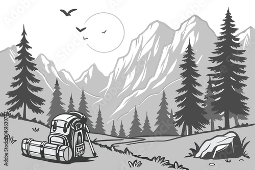 31 Black and white illustration, majestic mountain landscape, pine forest, full moon, flying birds, hiking backpack, camping scene, detailed pencil drawing, realistic shading, wilderness adventure, ro