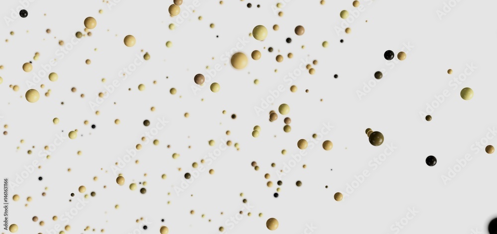 Abstract background image featuring numerous beige and black spheres floating on a white backdrop. Ideal for presentations or design projects.