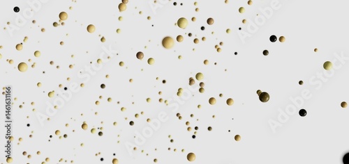 Abstract background image featuring numerous beige and black spheres floating on a white backdrop. Ideal for presentations or design projects.