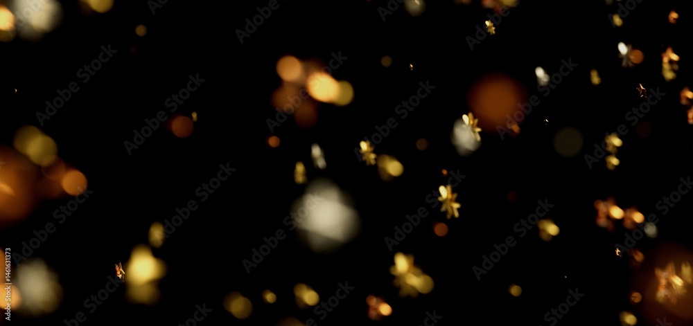 Abstract background with gold and silver confetti sparkles on black. Festive, celebratory.