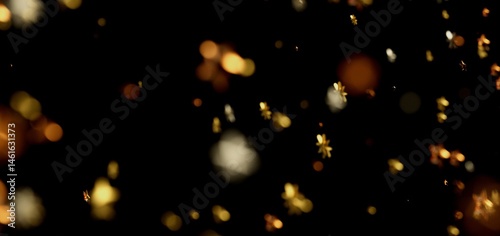 Abstract background with gold and silver confetti sparkles on black. Festive, celebratory.