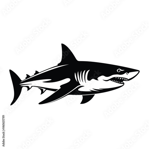 Shark attacking black silhouette of simple minimal vector