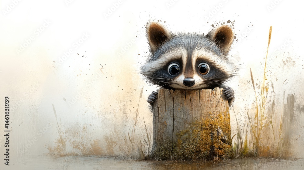 Fototapeta premium Inquisitive raccoon peeks from behind tall tree stump, moss covering ground below. For children's books, cards, and projects.