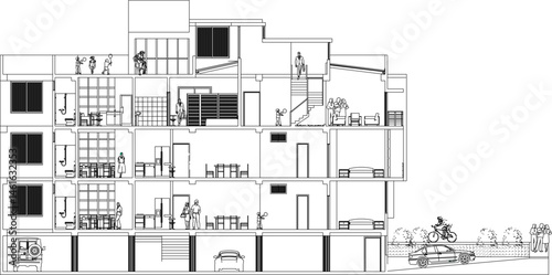 vector illustration sketch of architectural design of multi-storey boarding house building