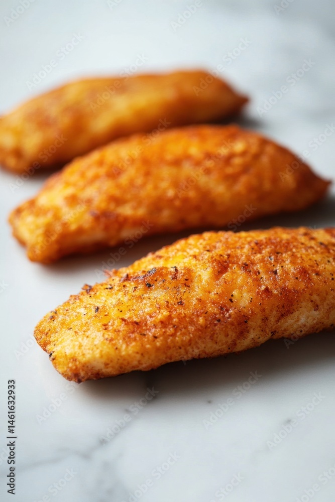 Close Up of Three Pieces of Fried Fish Fillets on Marble Countertop in Restaurant Kitchen Studio Shot Close Up of Three Pieces of Fried Fish Fillets on Marble Countertop in Restaurant Kitchen Studio Shot