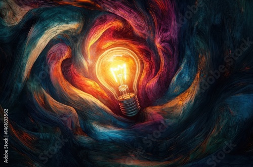 A glowing light bulb at the center of swirling multicolored sketches