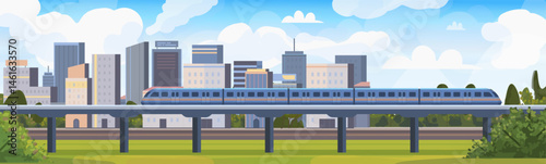  High speed subway. A modern high-speed electric train moves along the city railroad among panoramic views of the metropolis. Vector illustration. Not AI generated