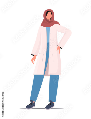  Young Muslim woman in hijab, medical uniform and stethoscope on white background. Medical professional. Vector illustration Not AI generated