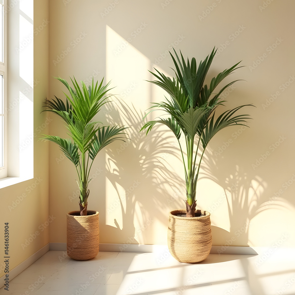 Fototapeta premium Bright Room with Two Potted Palm Plants and Natural Light