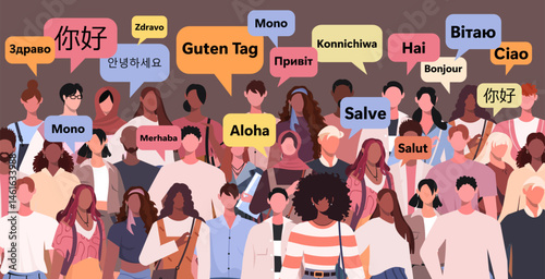 Diverse group of people say hello in different languages. Speech bubbles. Vector illustration. Not AI generated