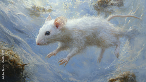 A whimsical depiction of a white mouse gracefully swimming through a dreamy blue environment, showcasing delicate fur textures.
