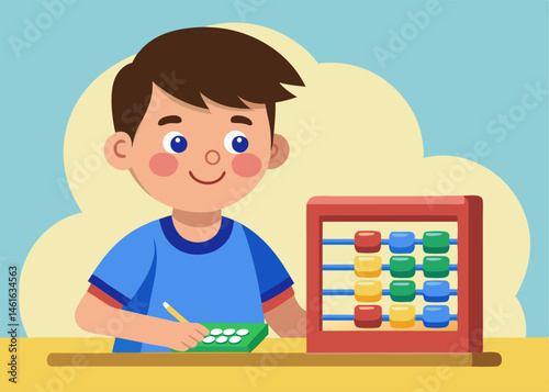 Young Boy Learning to Count with Abacus. Educational Illustration