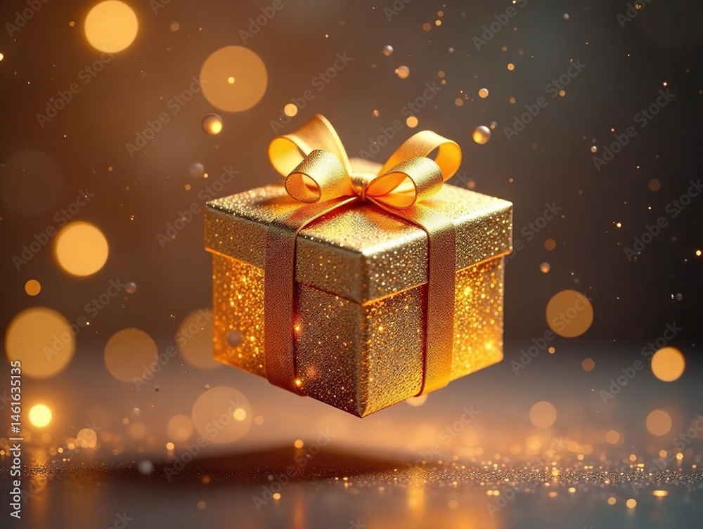 Elegant gold-threaded gift boxes levitate, ethereal glow , bright, packaging