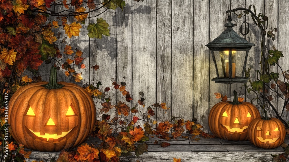 Obraz premium Autumnal Halloween scene with glowing pumpkins and leaves.