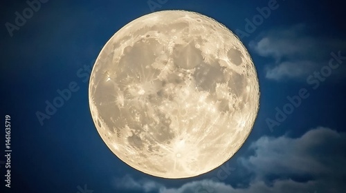 Full Moon Shines Brightly in the Night Sky with Clouds Close Up Detailed View Lunar Surface Craters