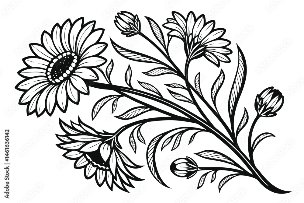 Φωτογραφία 33 Black and white illustration, detailed sunflower bouquet, intricate line art,