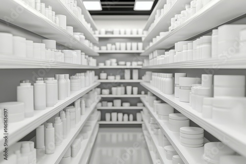A brightly lit aisle of a store filled with white containers and bottles on shelves