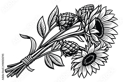33 Black and white illustration, detailed sunflower bouquet, intricate line art, botanical drawing, floral arrangement, pen and ink style, etching technique, textured petals, clustered flowers, wrappe